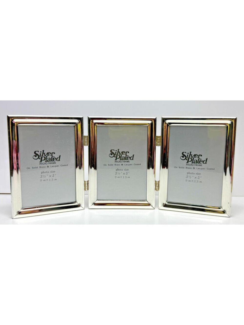 Vtg Silver Plated Solid Brass Tri-Fold Picture Photo Frame Hinged 3.5 x 5